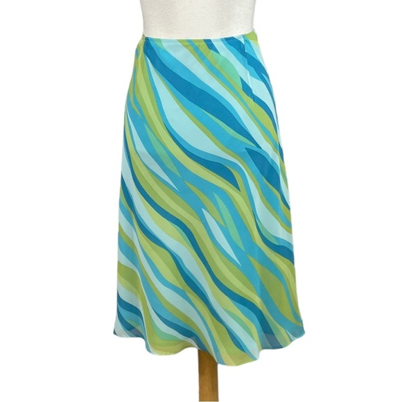 Apostrophe Blue Green Tan Abstract Print A-Line Y2K Knee Length Skirt Low Rise - Picture 5 of 8